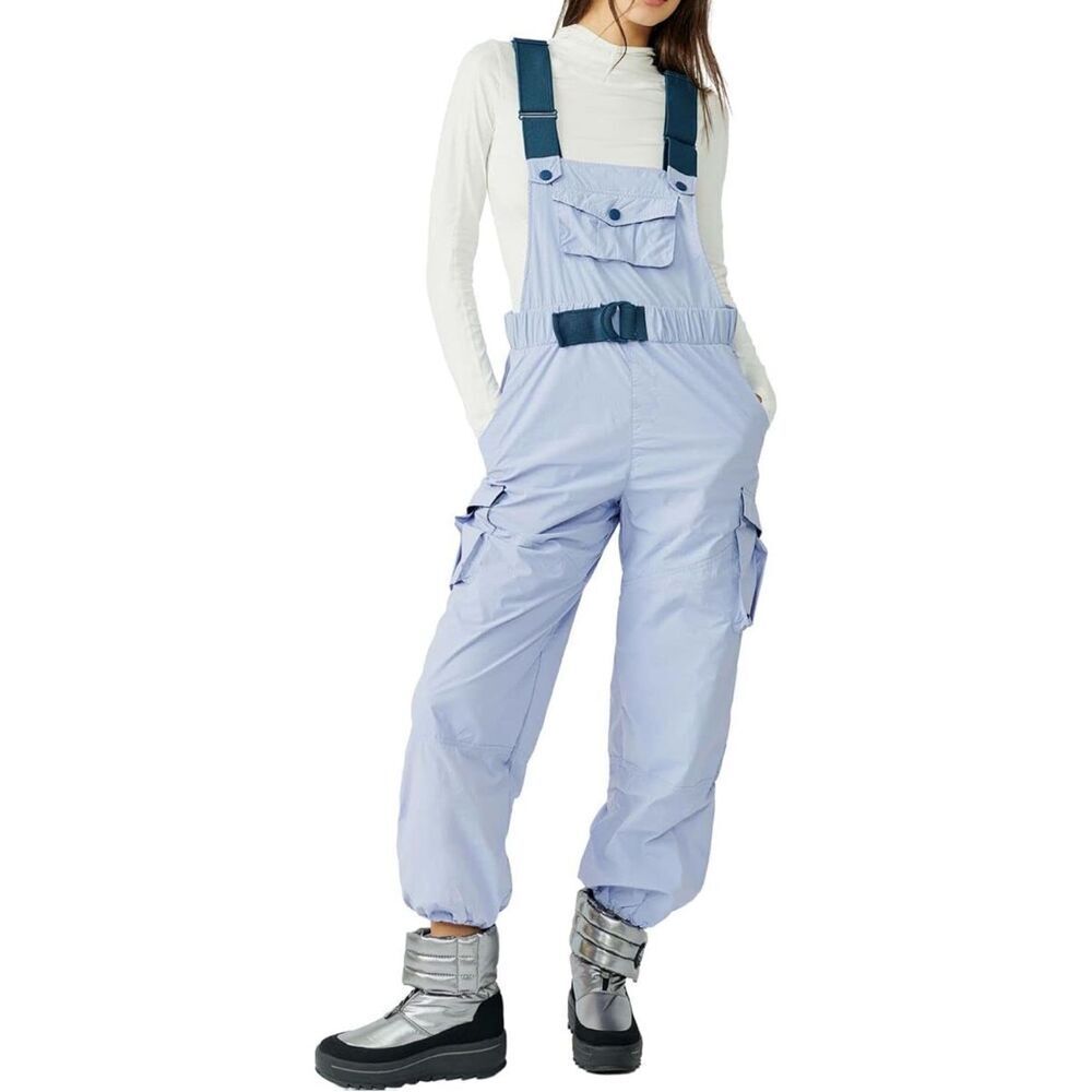 Free People Lavender Utility Cargo Snow Bib Overalls with Teal Straps